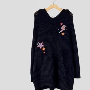 TORRID Black Hoodie Knit Sweater with Colorful Star & Lightning Patches